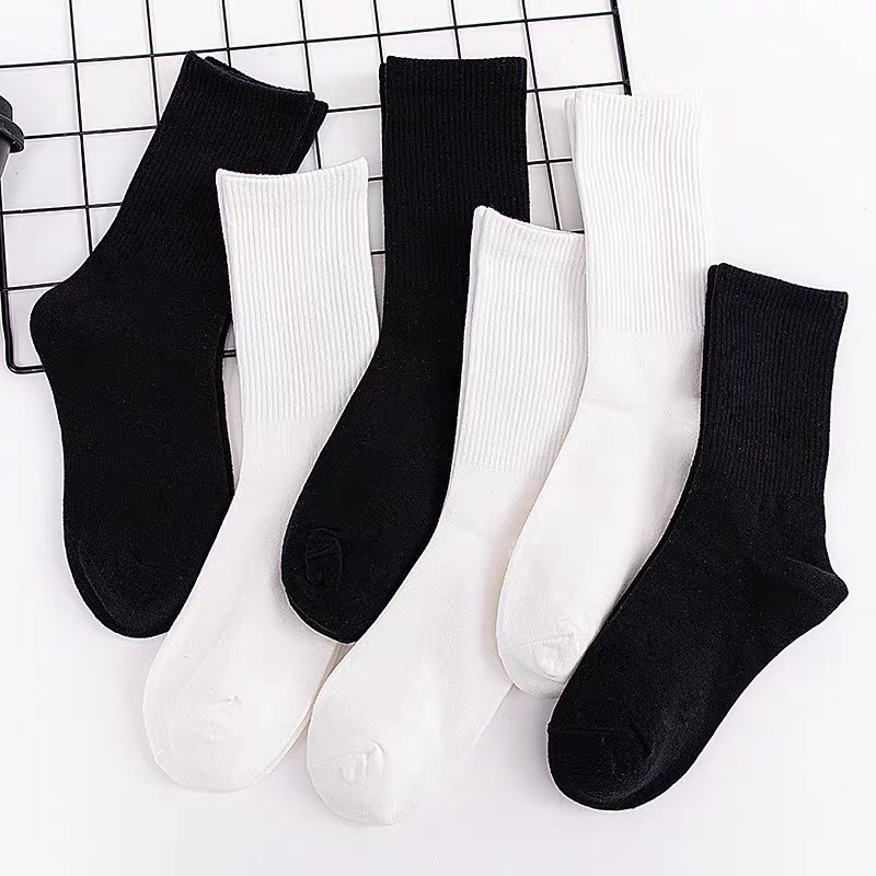 [Mua 10 tặng 2] Sỉ tất 10 đôi trơn cao cổ nam nữ 3B màu trắng, đen chất cotton thoáng mịn dệt kim- CBTT10