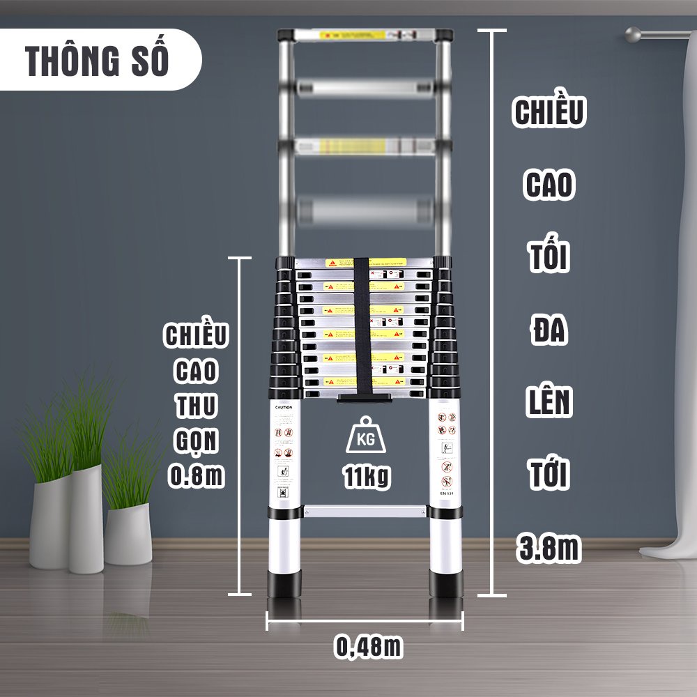 Thang nhôm rút đơn nhập khẩu DIY TL-I-38 chiều cao sử dụng tôí đa 3.8M tải trọng 150kg
