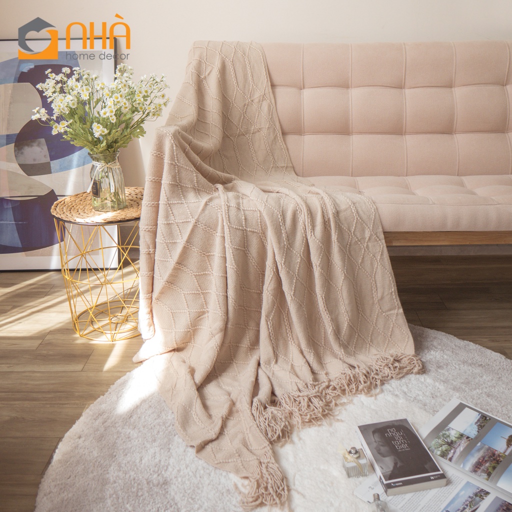 Chăn Thun Đan Len Bắc Âu Chăn Trang Trí Sofa Họa Tiết Hình Thoi Bắc Âu