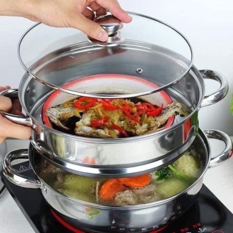 Bộ xửng hấp - nồi hấp 2 tầng  nắp kính inox 28cm cao cấp hấp xôi - hấp bánh bao đa năng -  tiện dụng