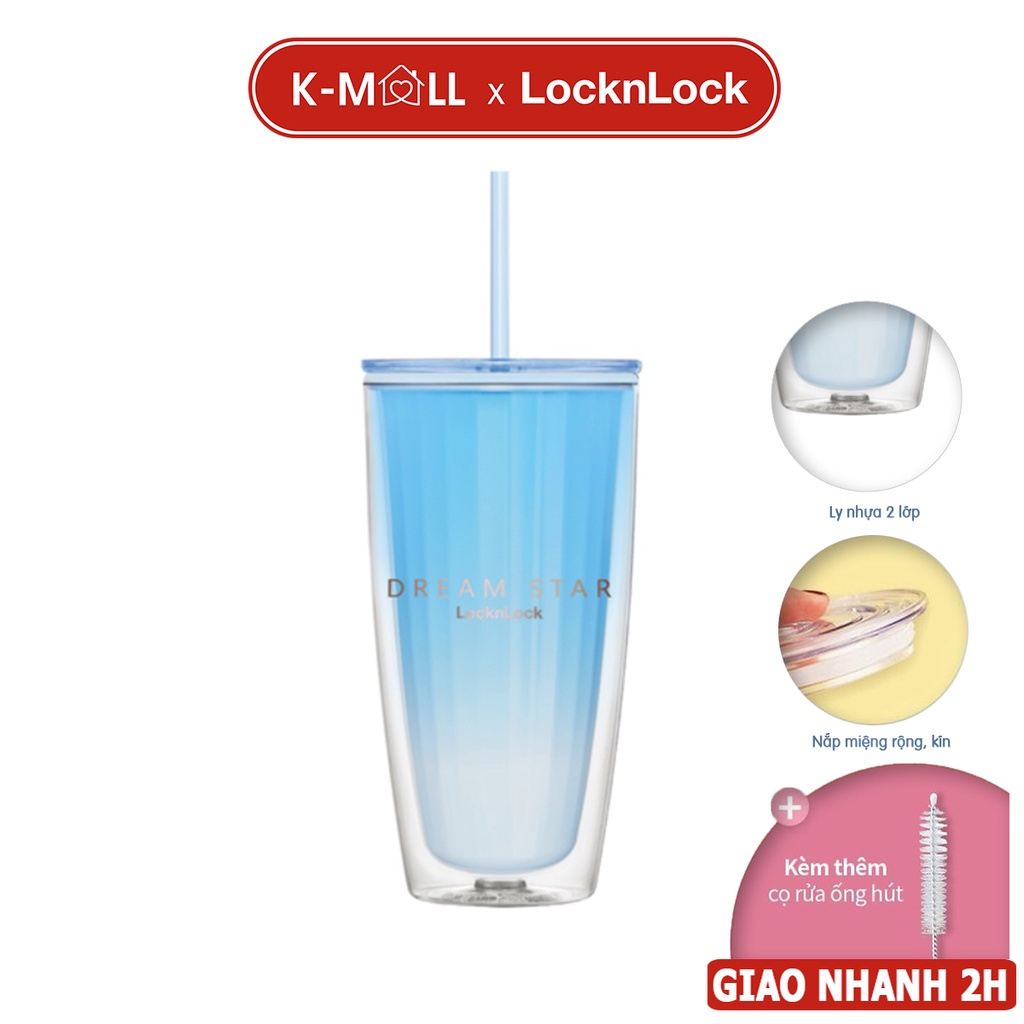 Ly nhựa 2 lớp LocknLock Double Wall Cold Cup 750ml HAP522BLU Màu Xanh Kèm ống hút và cọ rửa - K-MALL
