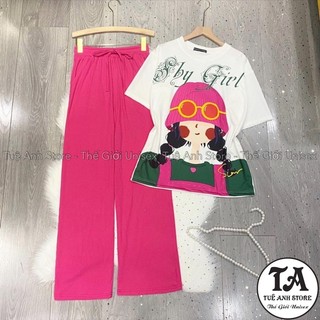 Set Bộ Cotton Quần Dài Ống Suông Gân Tăm Cao Cấp - Set Dài Nữ Lưng Cao Ống Rộng Phối Áo Thun 3D Phong Cách Hàn Quốc