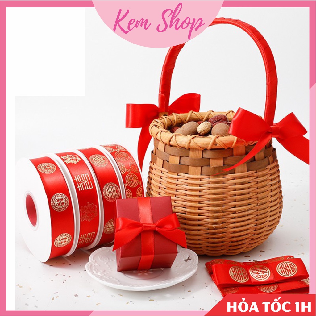Cuộn ruy băng lụa đỏ, ruy băng song hỷ trang trí đám cưới, quà cưới - Kem Shop K329