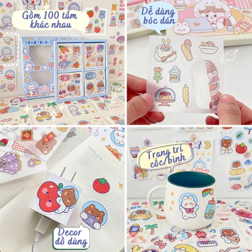 {25 Mẫu} Hộp 100 Tấm Sticker Cute Cắt Sẵn Decor Sổ Vở Nhãn Dán Trong ...