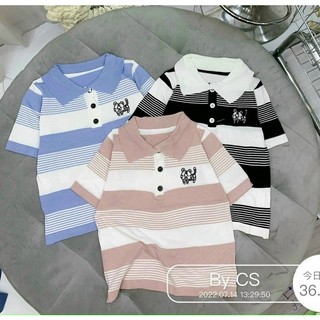 Áo len polo hình mèo hoạ tiết kẻ ngang phối màu lạ 479