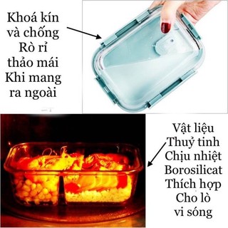 Hộp cơm văn phòng thủy tinh chia ngăn chống tràn, Hộp thủy tinh  thực phẩm dùng được lò vi sóng