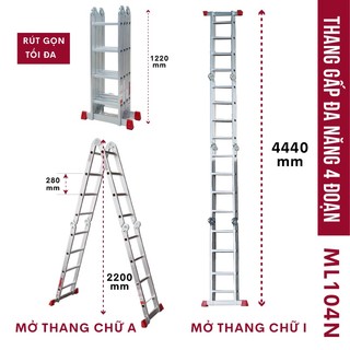 Thang nhôm gấp đa năng 4 đoạn FUJIHOME ML104N gấp nhiều kiểu - chống trơn trượt - cao tối đa 4,5m