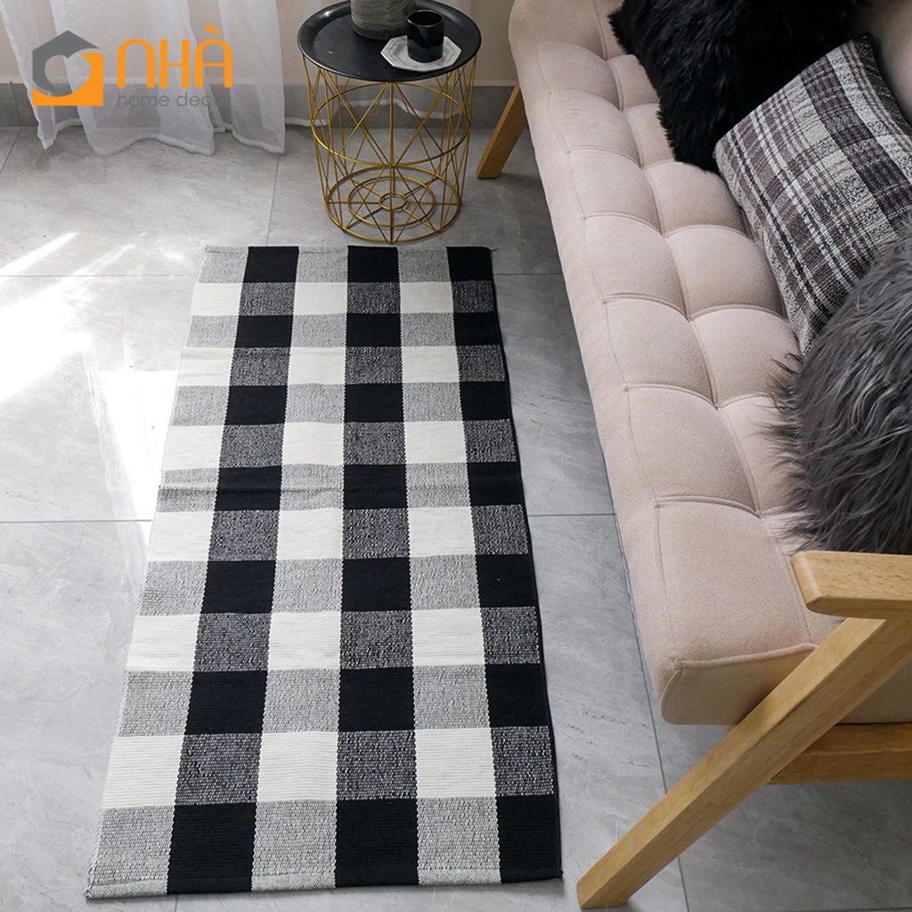 Thảm Lau Chân Canvas Trang Trí Phòng Khách Phối Màu Caro Trắng Đen