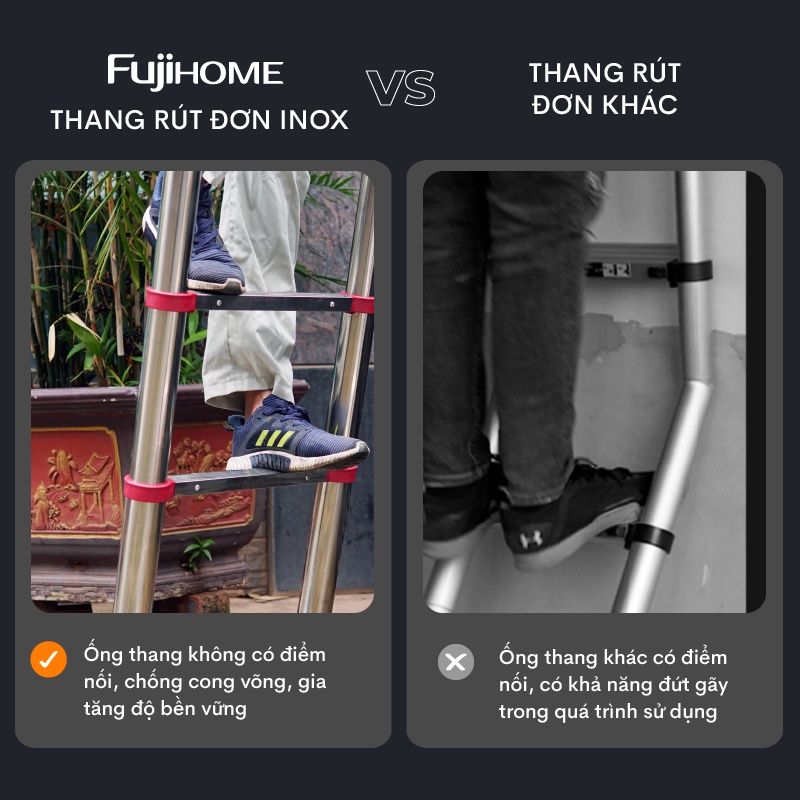 Thang Inox rút đơn 3,8m - 4,4m - 5.4m gấp gọn Nhập Khẩu FUJIHOME, thang rút gọn chữ I chốt tự động telescopic ladder
