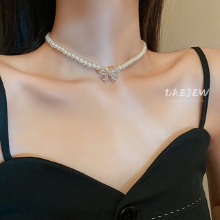 DREJEW Dây chuyền mặt nơ đính ngọc trai phong cách Hàn Quốc