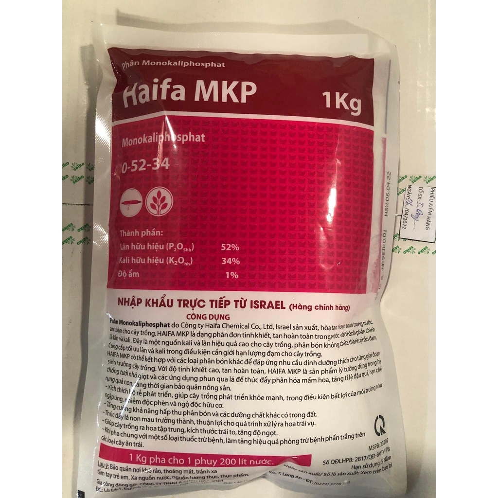 Phân bón Seiko MKP 0-52-34 nhập khẩu Haifa Isarel Chính hãng LÁ MAU GIÀ,  RA HOA TẬP TRUNG, trái to, tăng độ đường (1kg)