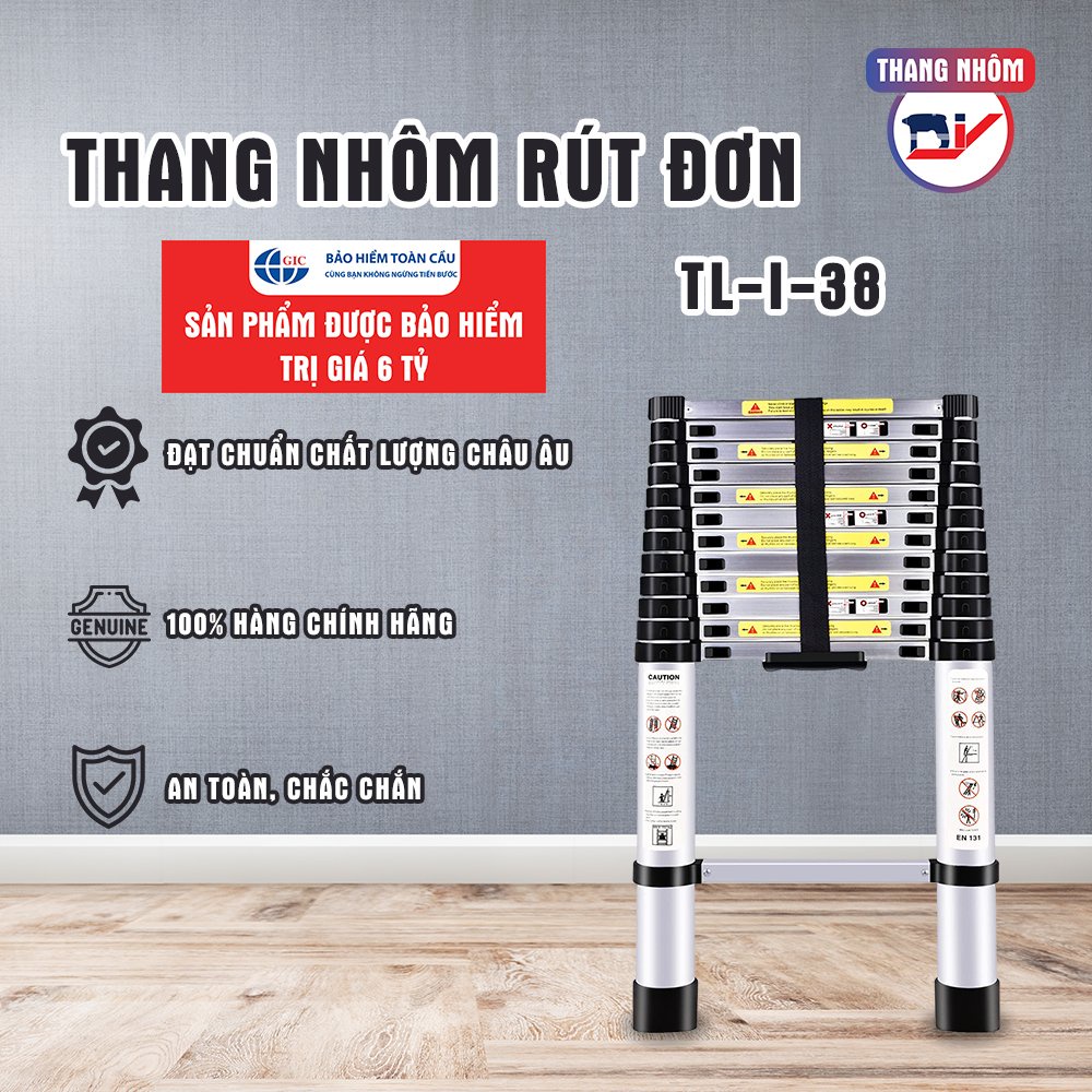 Thang nhôm rút đơn nhập khẩu DIY 3.8M - 4.4M - 5.0M đế cao su chống trượt, khóa chốt chắc chắn, tải trọng 150kg