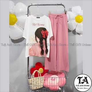 [25 Mẫu Mới] Set Bộ Cotton Quần Dài Ống Suông Gân Tăm Cao Cấp - Set Dài Nữ Lưng Cao Ống Rộng Phối Áo Thun 3D Hàn Quốc