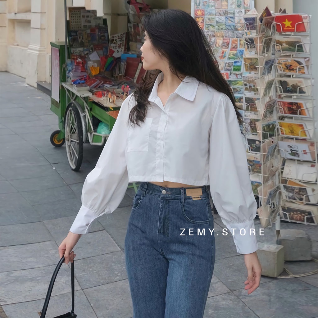 Áo Sơ Mi Croptop Nữ Tay Dài Màu Trắng Kiểu Hàn Quốc | Shopee Việt Nam