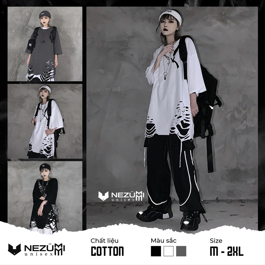 (Sẵn đen, trắng) Áo thun tay lỡ rách gấu nhiều tạo layer hiphop đường ...