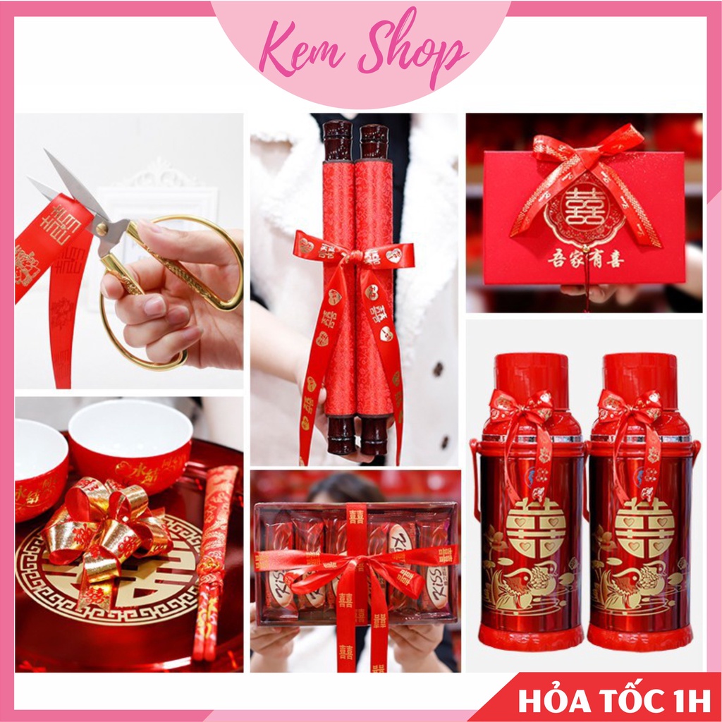 Cuộn ruy băng lụa đỏ, ruy băng song hỷ trang trí đám cưới, quà cưới - Kem Shop K329