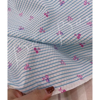 Vải Cotton Xốp Tông Pastel Nhẹ Nhàng In Trái Cherry Phối Sọc Mềm Rũ Phồng Nhẹ Khổ 1m45