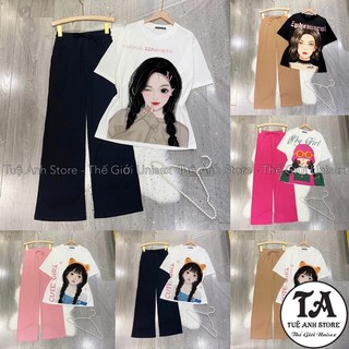 Set Bộ Cotton Quần Dài Ống Suông Gân Tăm Cao Cấp - Set Dài Nữ Lưng Cao Ống Rộng Phối Áo Thun 3D Phong Cách Hàn Quốc