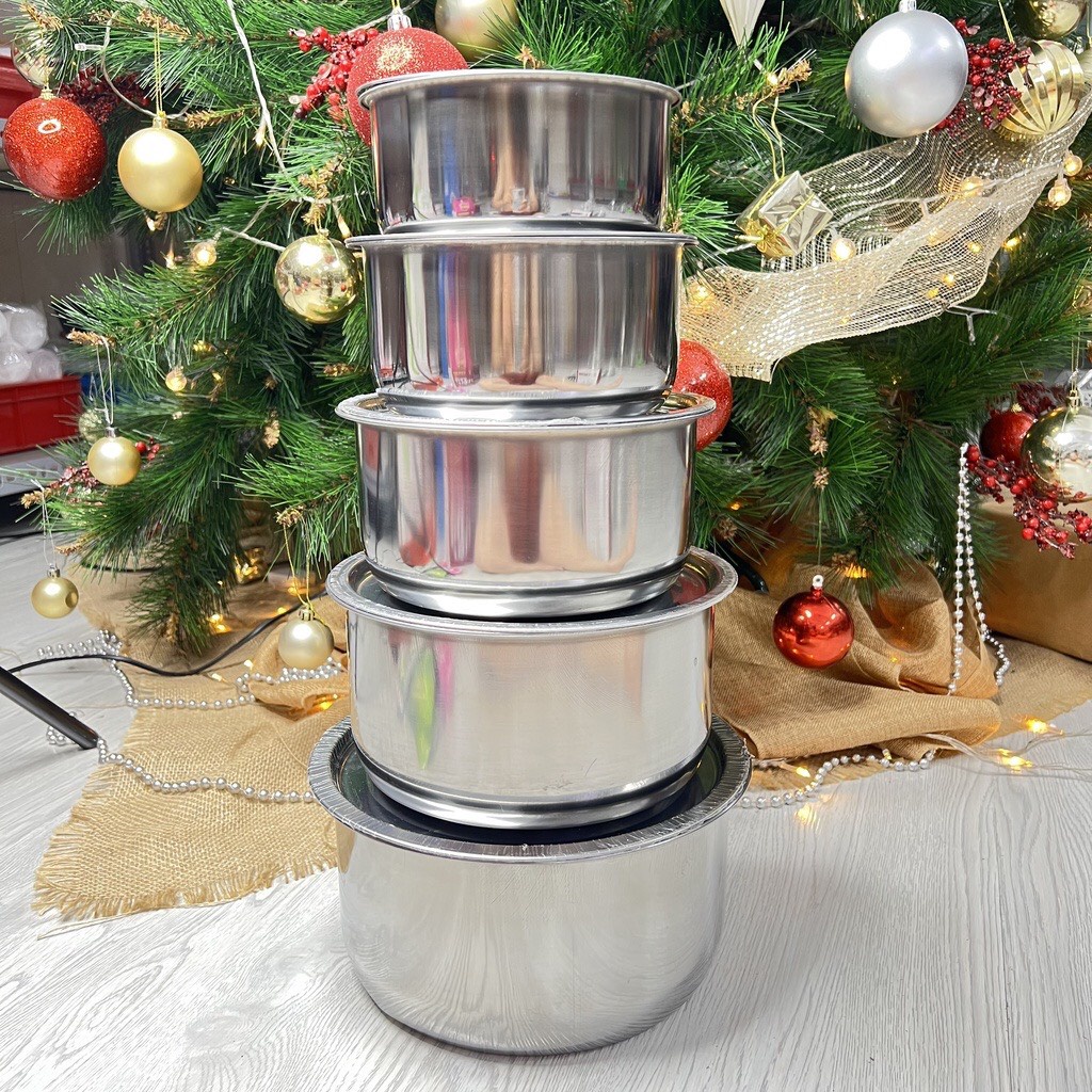 Bộ 5 thau chậu có nắp inox  size Đại _sử dụng cho các loại bếp