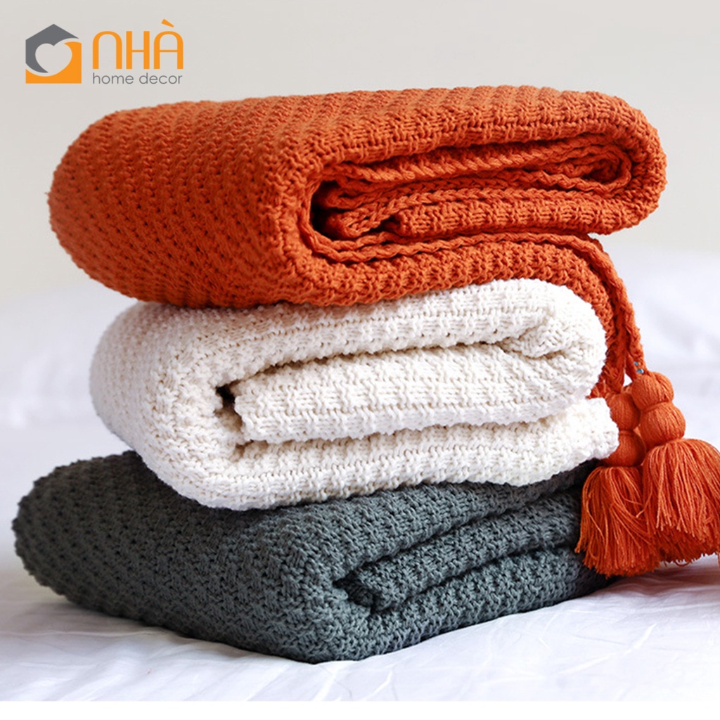 Chăn Đan Len Dệt Sợi Đính Tua Rua Trang Trí Ghế Sofa Giường Ngủ Bắc Âu