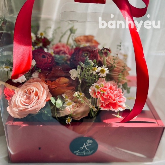 Hộp Mica Trong Suốt 2 Ngăn đựng bánh và hoa màu Đỏ/Hồng không nơ - BB136