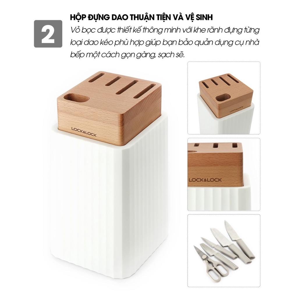 Bộ dao 6 món LocknLock CKK802 bao gồm 4 dao, 1 kéo, 1 hộp đựng màu trắng, tinh tế, tiện lợi - K-MALL
