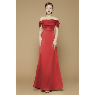 Đầm dạ hội xòe phi mango xếp ly rớt vai phối lưới vai cao cấp
