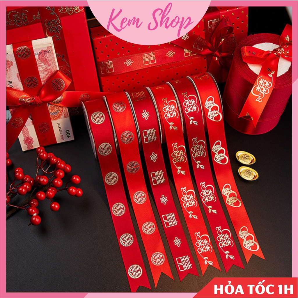 Cuộn ruy băng lụa đỏ, ruy băng song hỷ trang trí đám cưới, quà cưới - Kem Shop K329