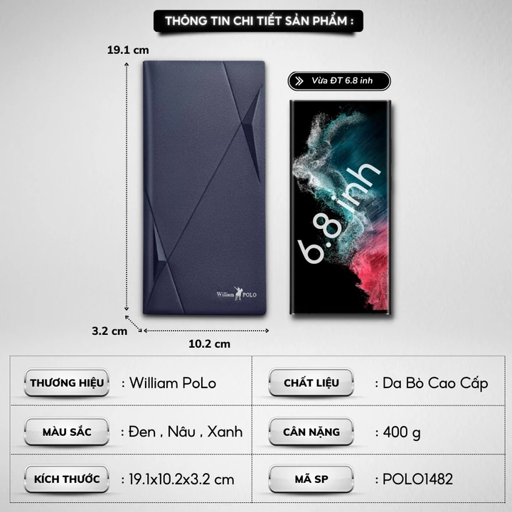 Ví dài cầm tay nam da bò chính hãng William POLO cao cấp ví đứng cầm tay full hộp đựng bóp nam da bò cao cấp – 3