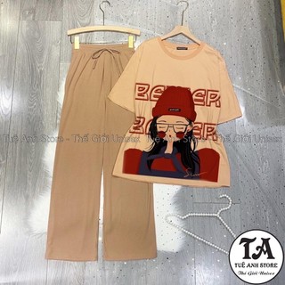 Set Bộ Cotton Quần Dài Ống Suông Gân Tăm Cao Cấp - Set Dài Nữ Lưng Cao Ống Rộng Phối Áo Thun 3D Phong Cách Hàn Quốc
