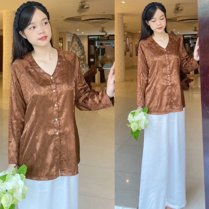 ÁO BÀ BA TIM GẤM (BÁN ÁO LẺ HOẶC QUẦN LẺ) bà ba nữ gấm cổ tim đủ màu bả ba Tết đồ lam nữ quần áo phật tử đi chùa