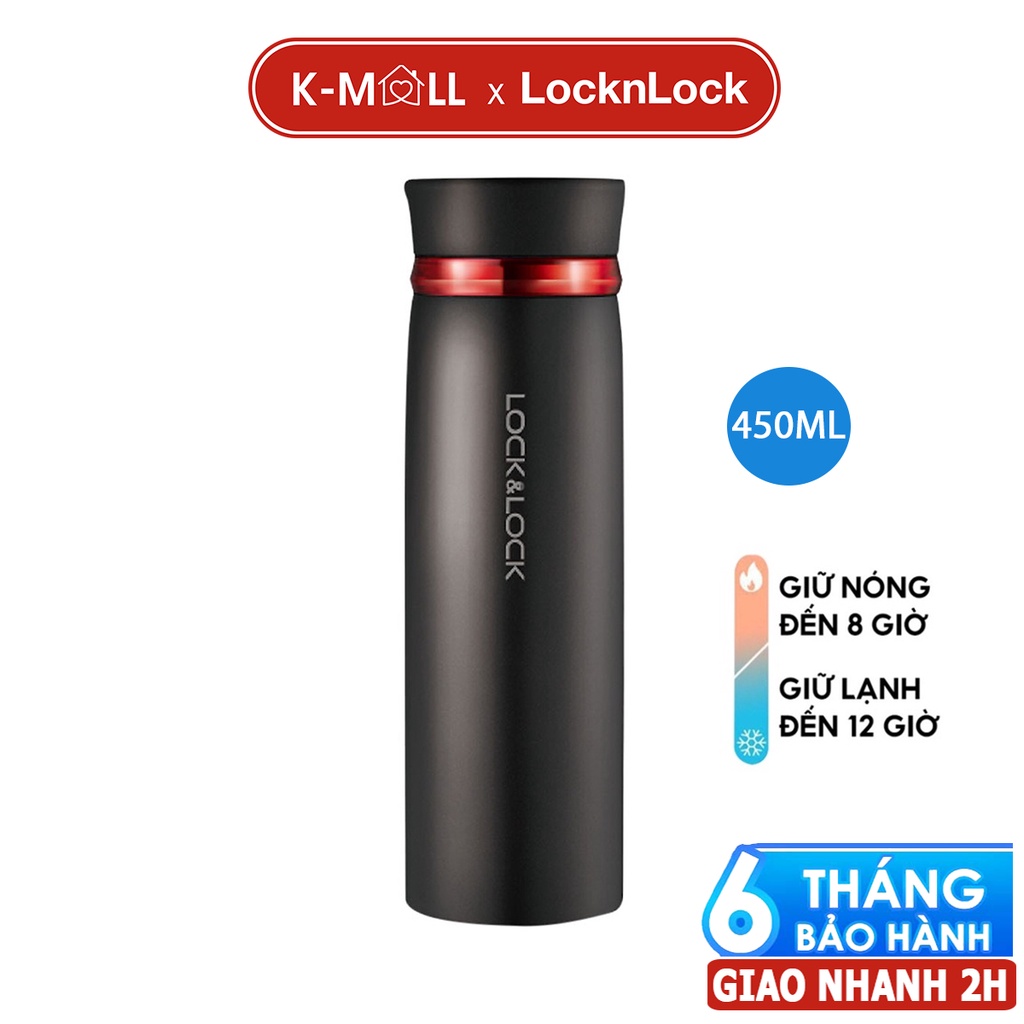 Bình giữ nhiệt LocknLock 450ml Feather Light LHC4131 màu đen viền đỏ, có khay lưới lọc trà - K-MALL