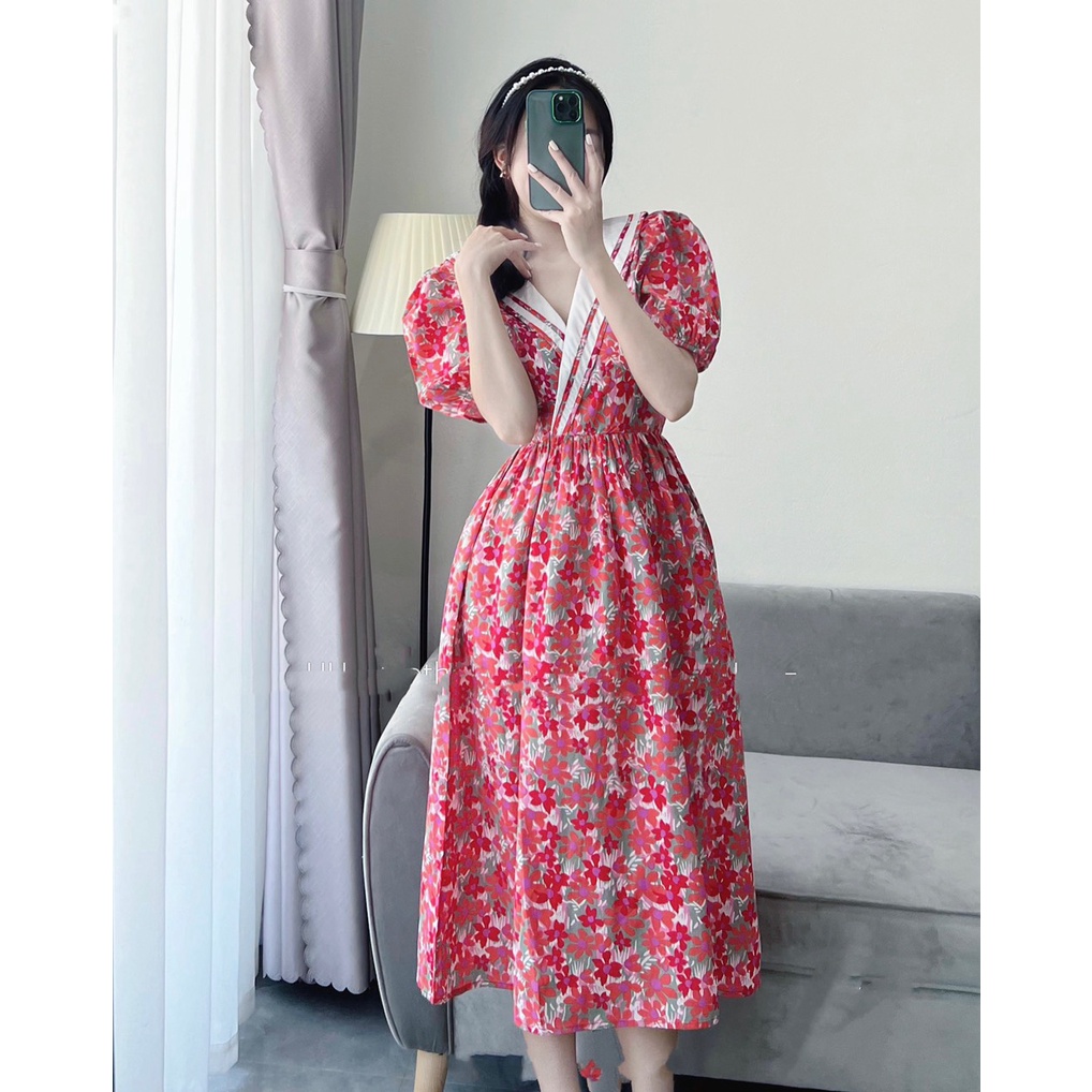 Váy hoa nhí dáng dài vintage thiết kế GOROGI, đầm hoa nhí tay phồng maxi cộc tay có bigsize VH05