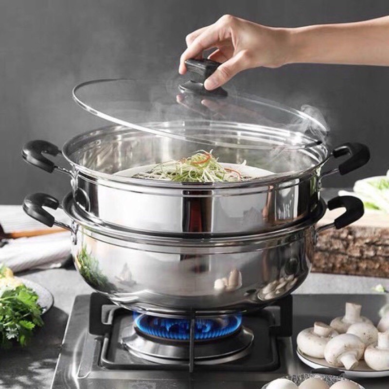 Bộ xửng hấp - nồi hấp 2 tầng  nắp kính inox 28cm cao cấp hấp xôi - hấp bánh bao đa năng -  tiện dụng
