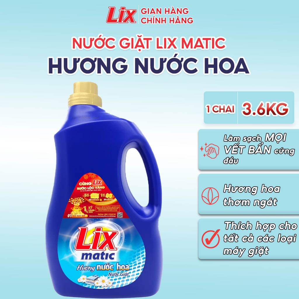 Ảnh Nước giặt Lix Matic hương nước hoa chai 3.6kg NGM40 giặt tẩy đánh bay vết bẩn cứng đầu, giặt cửa trước - Lixco Việt Nam 1