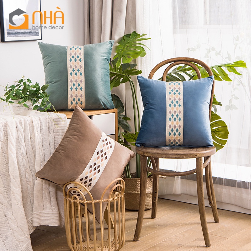 Vỏ Gối Tựa Lưng Gối Sofa Nhung Thêu Giữa Chấm Bi Hình Thoi