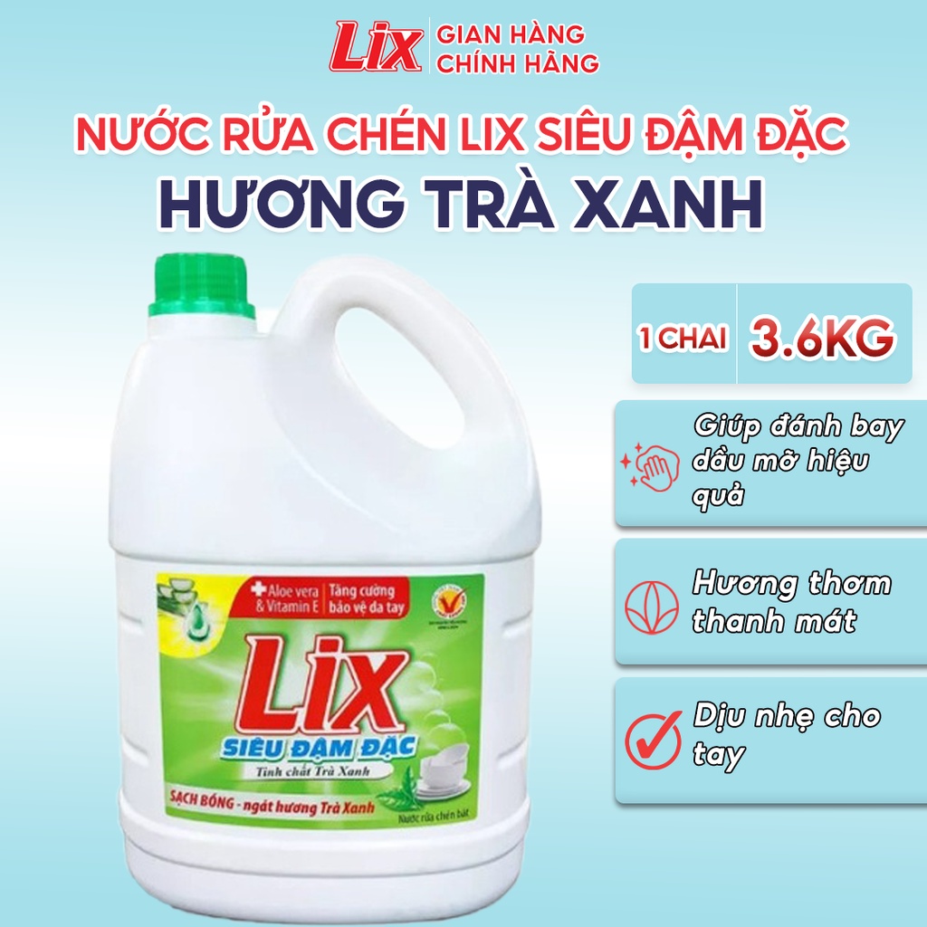 Nước rửa chén LIX siêu đậm đặc trà xanh 3.6kg NT360 làm sạch dầu mỡ không hại da tay - Lixco Việt Nam