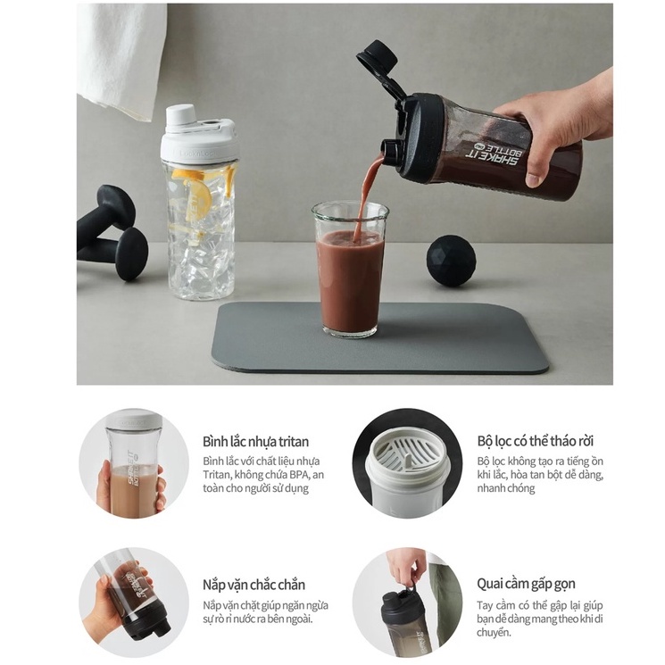 Bình lắc Balance Shake it Locknlock HAP949 màu trắng có vạch chia dung tích và quai xách - K-MALL