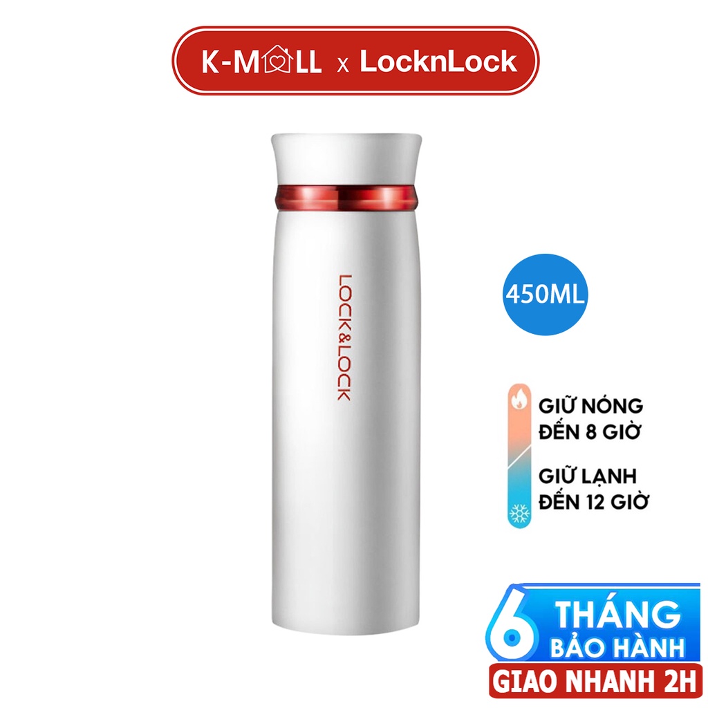 Bình giữ nhiệt LocknLock 450ml Feather Light LHC4131 trắng viền đỏ, có khay lưới lọc trà - K-MALL