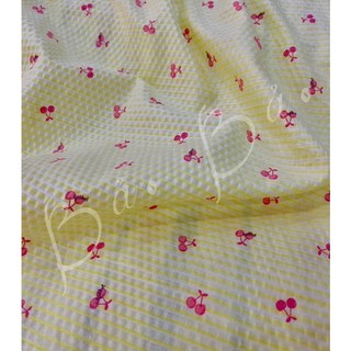 Vải Cotton Xốp Tông Pastel Nhẹ Nhàng In Trái Cherry Phối Sọc Mềm Rũ Phồng Nhẹ Khổ 1m45
