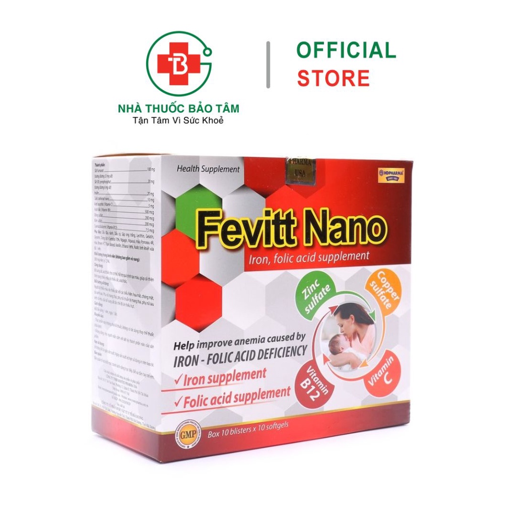 Fevitt Nano HDPHARMA bổ máu, bổ sung Sắt hữu cơ, Acid Folic - 100 viên ...