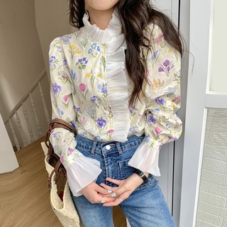 Áo Kiểu Cổ Cao Tay Dài Phối Bèo Hoạ Tiết Hoa Phong Cách retro Thời Trang Hàn Quốc