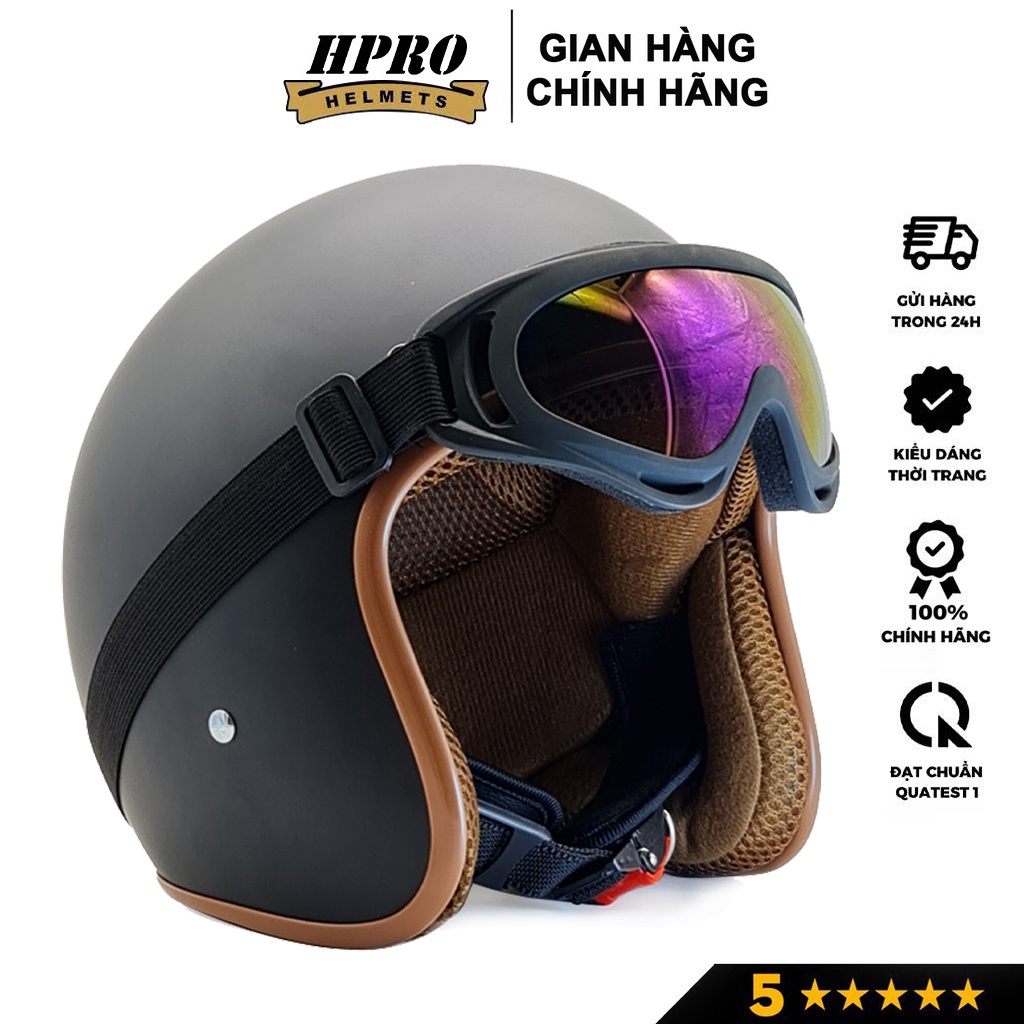Ảnh Mũ bảo hiểm 3/4 đầu Sundy Helmets, màu đen nhám mạnh mẽ, cá tính, Freesize (54-58cm) kèm kính UV, phi công 4