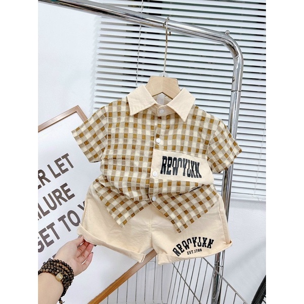 (Xả kho)Bộ đồ mùa hè bé trai set đồ sơ mi trẻ em chất tơ đũi mềm mát bé 15-25kg kẻ vuông