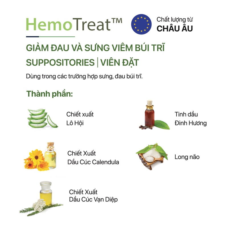Viên đặt trĩ Hemotreat – Giảm đau rát, giảm ngứa, hỗ trợ co búi trĩ – Chiết xuất thảo dược an toàn