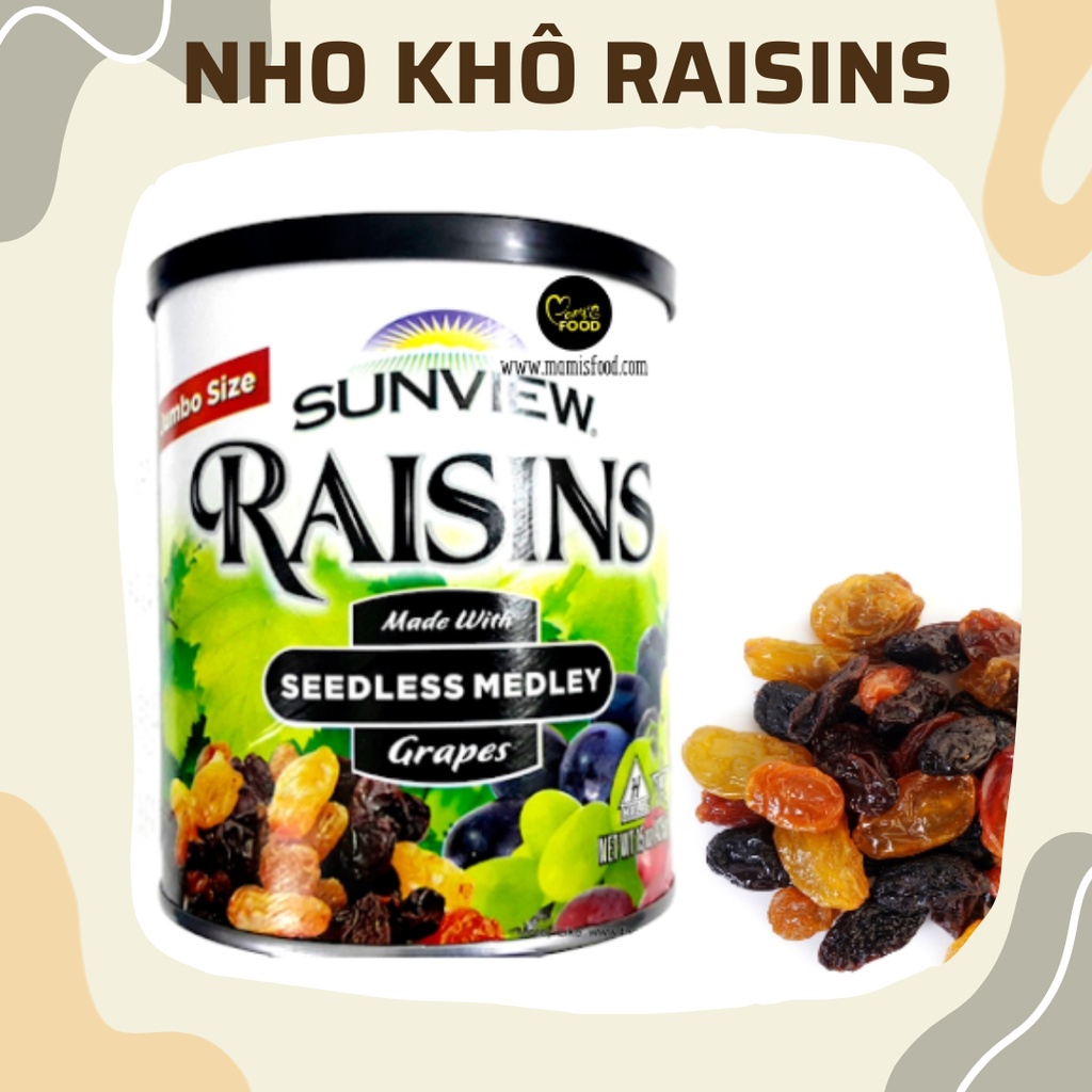 Nho khô hộp lon Raisins Sunview (Jumbo size) chính hãng nhập khẩu 3 màu