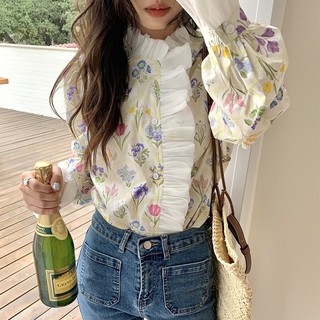 Áo Kiểu Cổ Cao Tay Dài Phối Bèo Hoạ Tiết Hoa Phong Cách retro Thời Trang Hàn Quốc