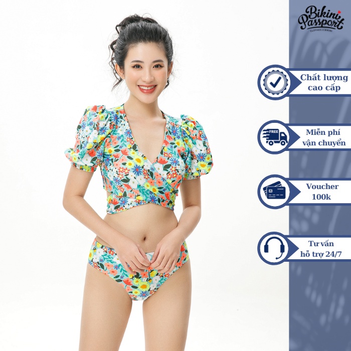 Đồ bơi nữ BIKINI PASSPORT kiểu hai mảnh áo tay ngắn xoắn cách điệu - màu Floral - BS421_FLO
