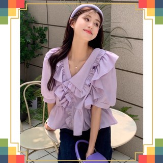 Áo sơ mi kiểu cổ lệch babydoll dáng rộng tiểu thư màu xanh tím phong cách Hàn Quốc -me fashion