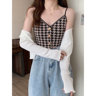.Áo Croptop 2 Dây  Hoạ Tiết Karo  Đính Khuy Thiết kế Lệch Tà Quyến Rũ mã 0095.